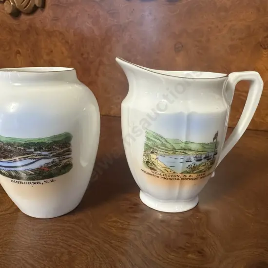Royal Scenic China Souvenir Milk Jug Wellington 1840-1940 & Small Vase Gisbourne