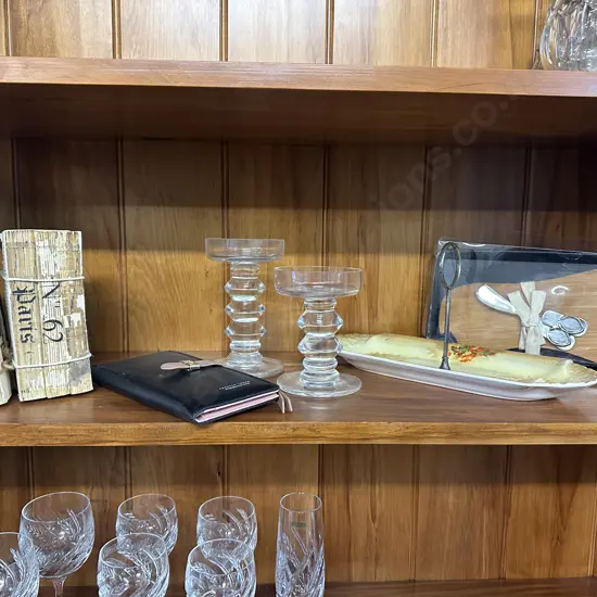 Glass Candle Holders, Bookends, Cake Plate Etc