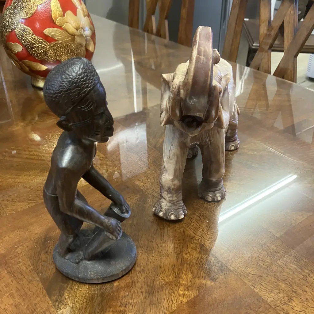 Large Elephant Figurine 24 x 30cm & Ebony Tribal Figure Image 1++