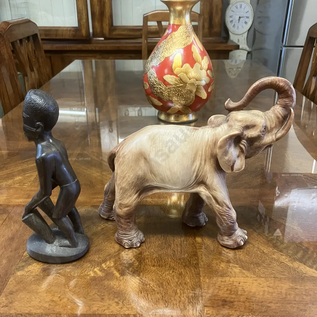 Large Elephant Figurine 24 x 30cm & Ebony Tribal Figure Image 1++