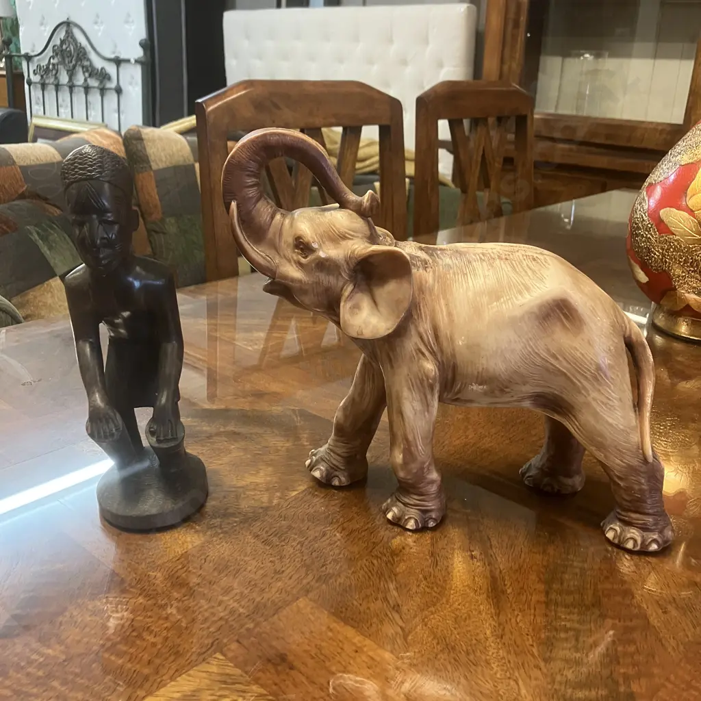 Large Elephant Figurine 24 x 30cm & Ebony Tribal Figure Image 1++