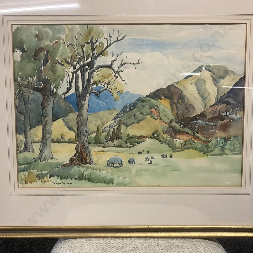 Peggy Spicer (1908-84) - 'Tuakau Farm' Framed Watercolour, Signed. 58 x 71cm Image 1++