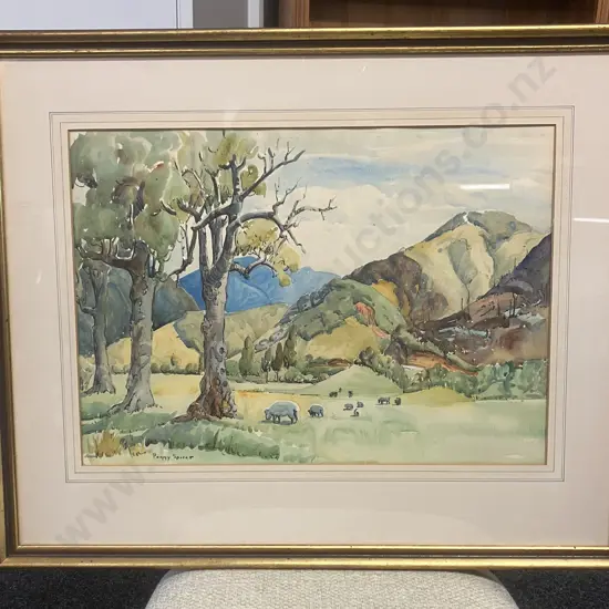 Peggy Spicer (1908-84) - 'Tuakau Farm' Framed Watercolour, Signed. 58 x 71cm