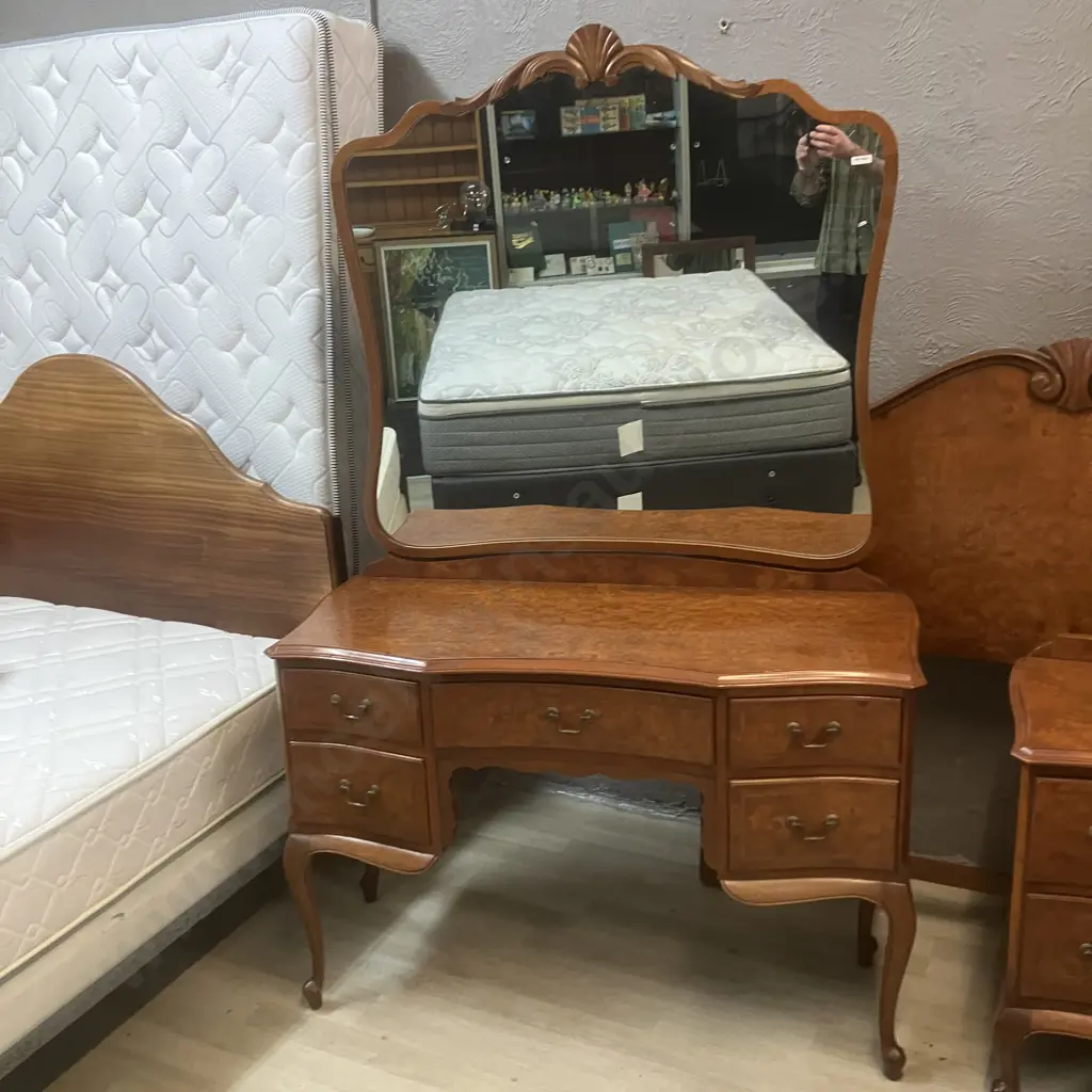 Mahogany & Burr Walnut 6 Piece Bedroom Suite Including Double Size Headboard & Dressing Table Stool Image 1++