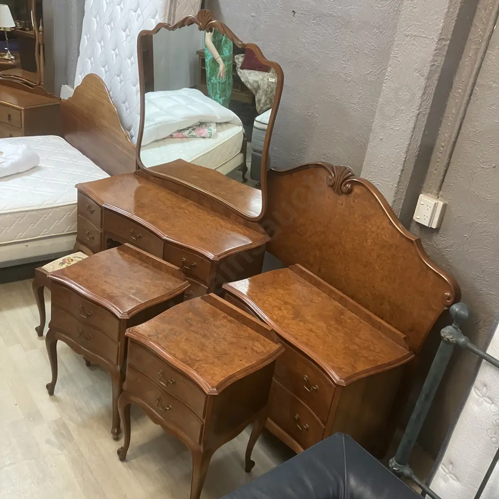 Mahogany & Burr Walnut 6 Piece Bedroom Suite Including Double Size Headboard & Dressing Table Stool Image 1++