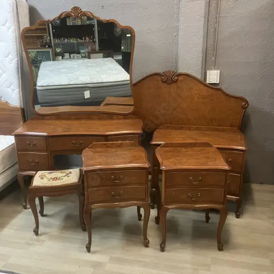 Mahogany & Burr Walnut 6 Piece Bedroom Suite Including Double Size Headboard & Dressing Table Stool