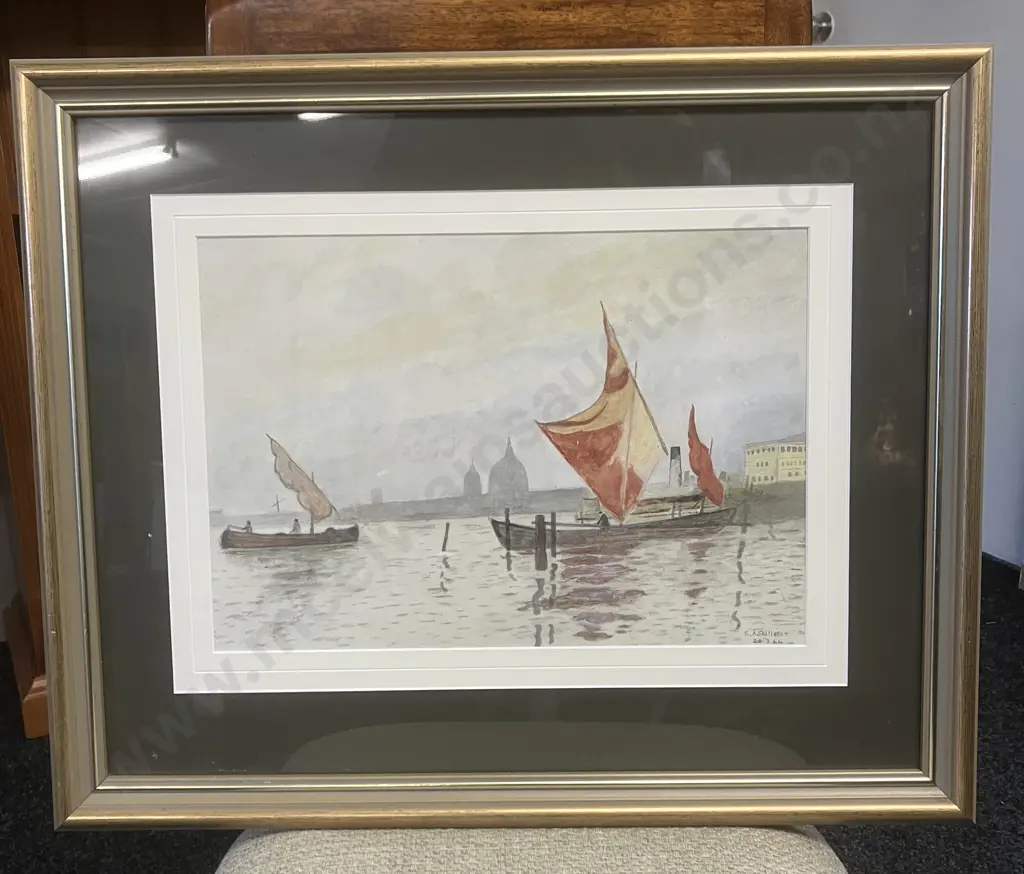Original Artwork View Of Early Venice Harbour, Signed & Dated 20.3.44. Museum Grade Framed. 47.5 x 58cm Image 1++