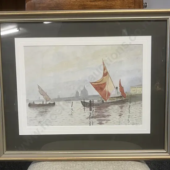 Original Artwork View Of Early Venice Harbour, Signed & Dated 20.3.44. Museum Grade Framed. 47.5 x 58cm