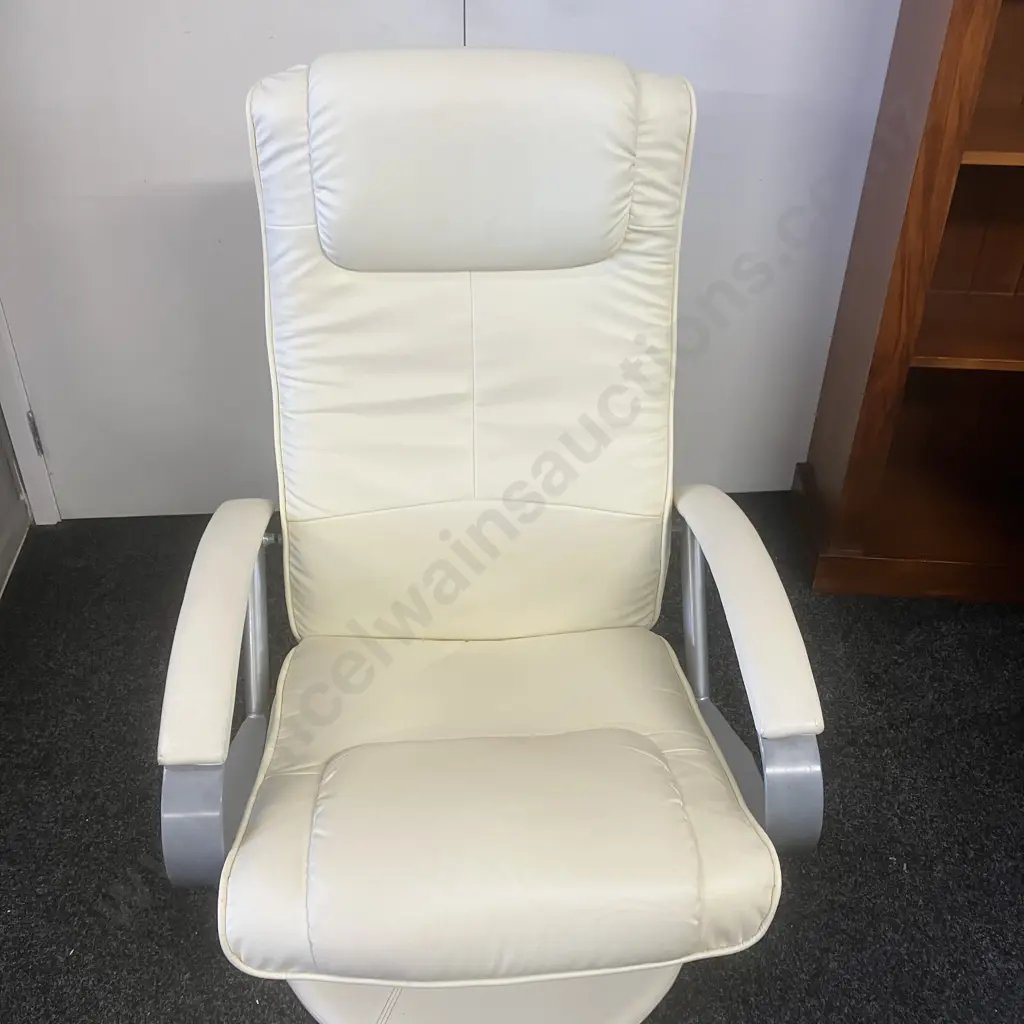 Cream Leather Look Swivel Recliner Chair With Footstool, Chrome Coloured Detail Arms Image 1++