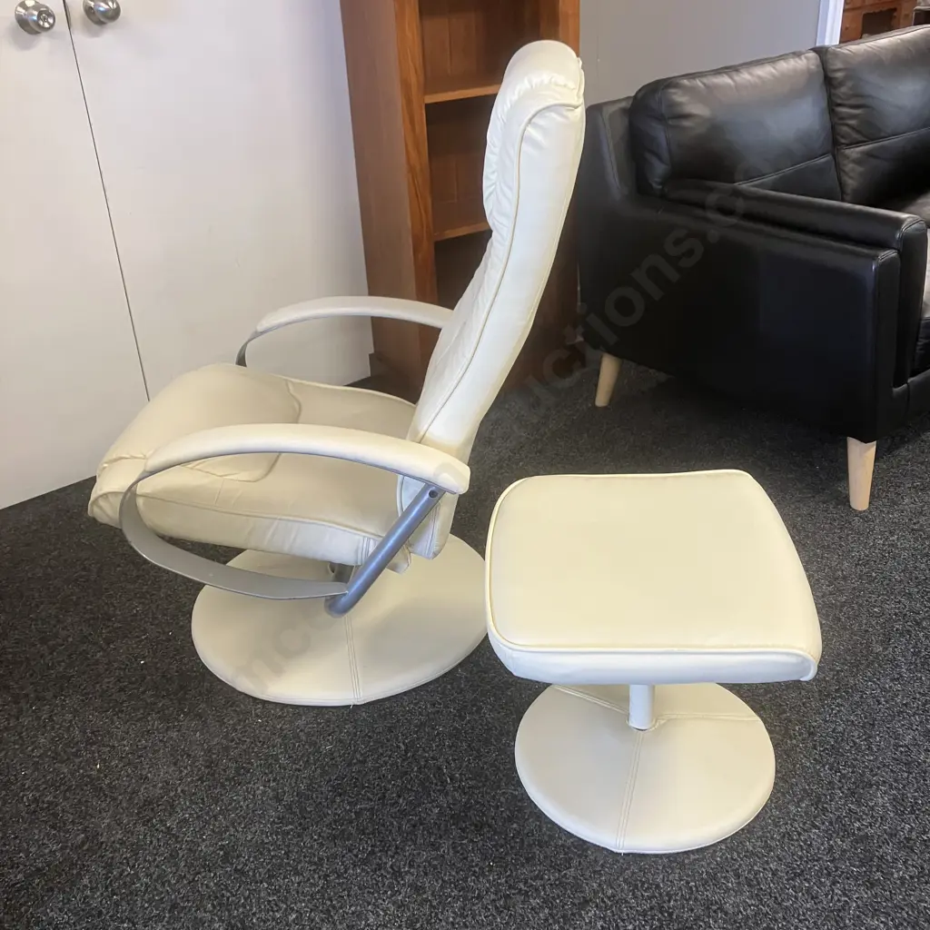 Cream Leather Look Swivel Recliner Chair With Footstool, Chrome Coloured Detail Arms Image 1++