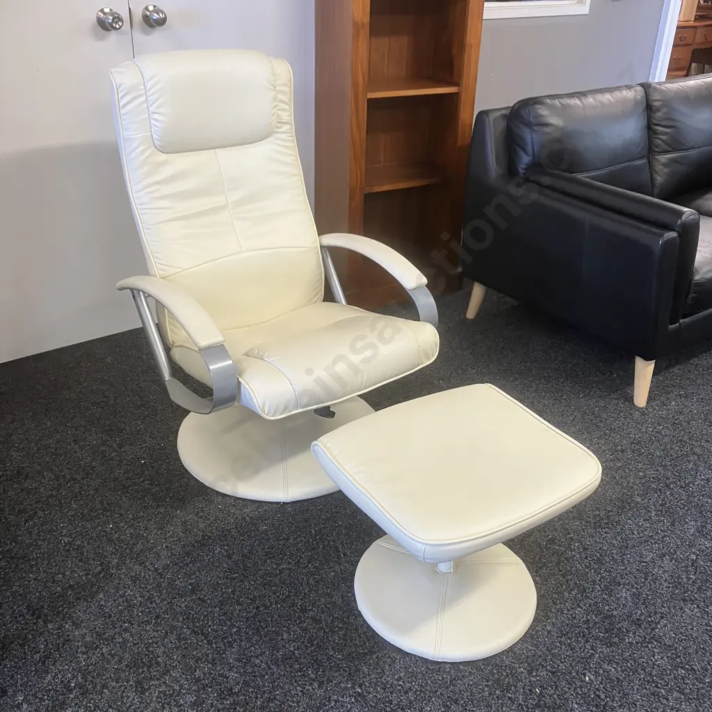 Cream Leather Look Swivel Recliner Chair With Footstool, Chrome Coloured Detail Arms Image 1++