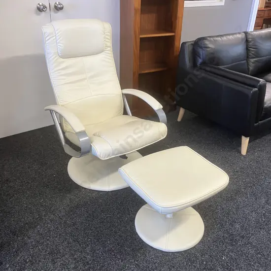Cream Leather Look Swivel Recliner Chair With Footstool, Chrome Coloured Detail Arms