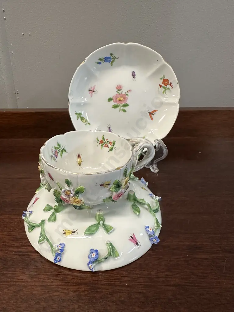 Antique 19th Century Meissen Flower Encrusted Cabinet Cup With Pair of Saucers Image 1++