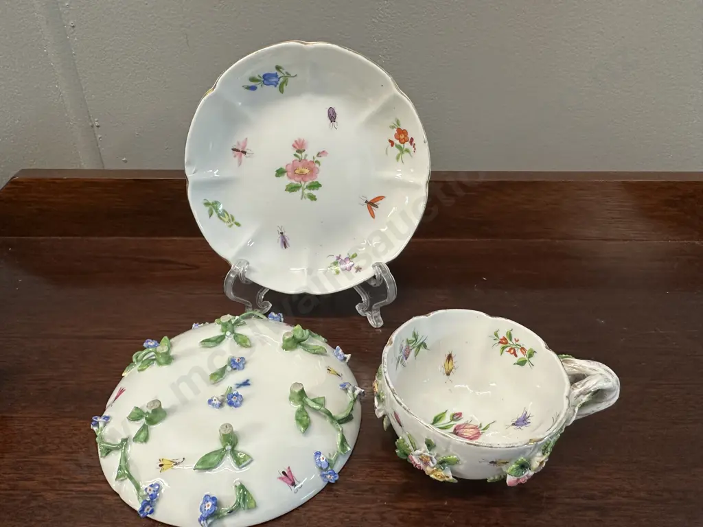 Antique 19th Century Meissen Flower Encrusted Cabinet Cup With Pair of Saucers Image 1++
