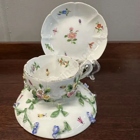 Antique 19th Century Meissen Flower Encrusted Cabinet Cup With Pair of Saucers