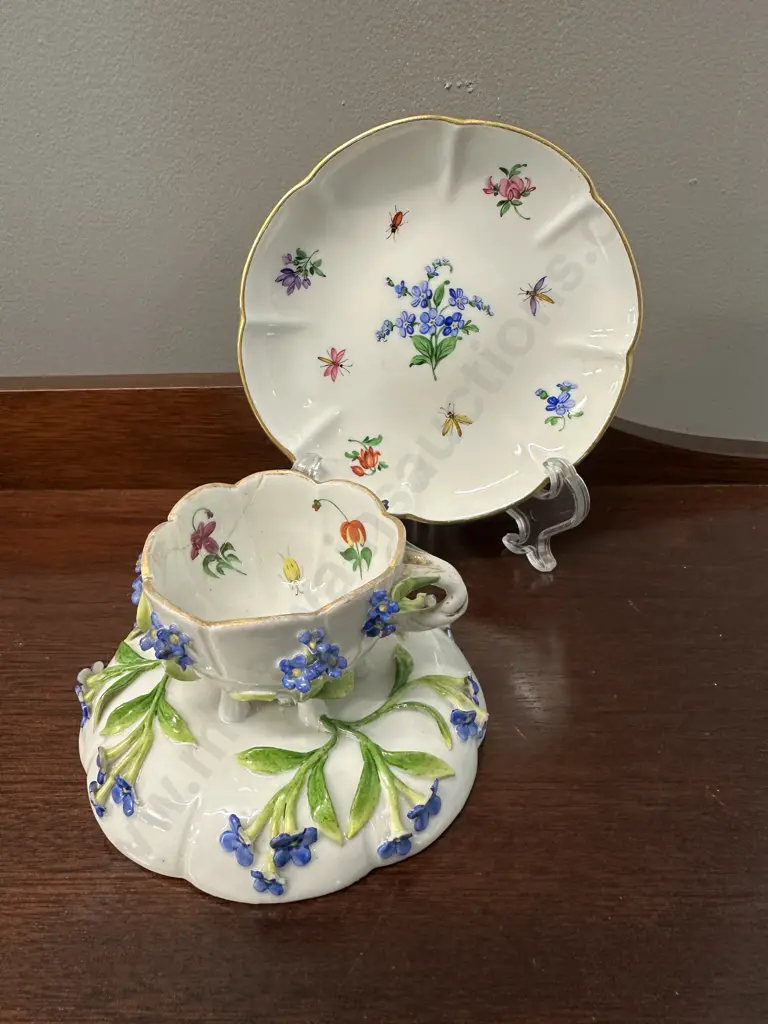 Antique 19th Century Meissen Forget-me-not Flower Encrusted Cabinet Cup, Saucer & Plate Image 1++