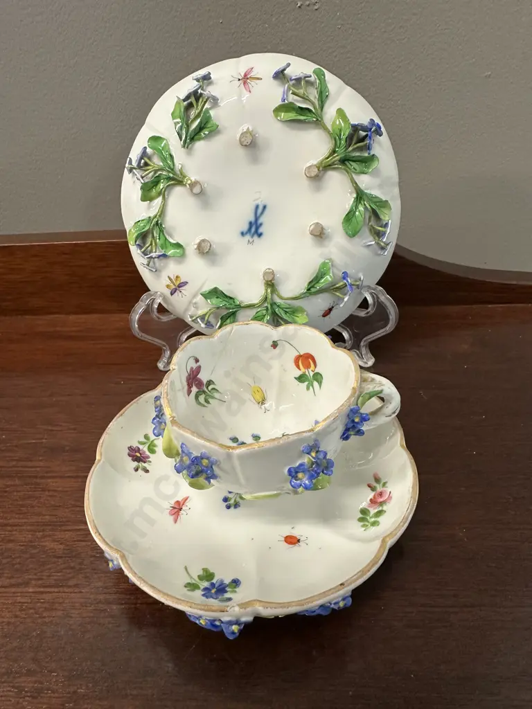 Antique 19th Century Meissen Forget-me-not Flower Encrusted Cabinet Cup, Saucer & Plate Image 1++