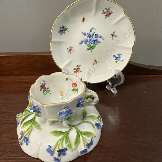 Antique 19th Century Meissen Forget-me-not Flower Encrusted Cabinet Cup, Saucer & Plate