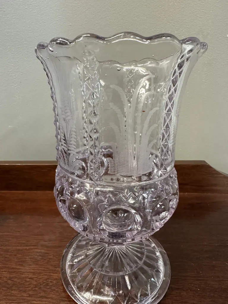 Antique Victorian Sun Purple Pressed-Cut Glass Celery Vase With Engraved Fern Pattern. H18.5cm Image 1++