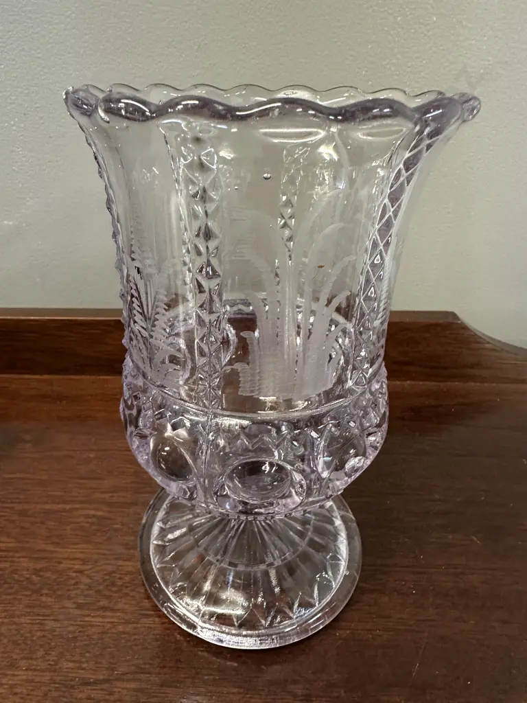 Antique Victorian Sun Purple Pressed-Cut Glass Celery Vase With Engraved Fern Pattern. H18.5cm Image 1++