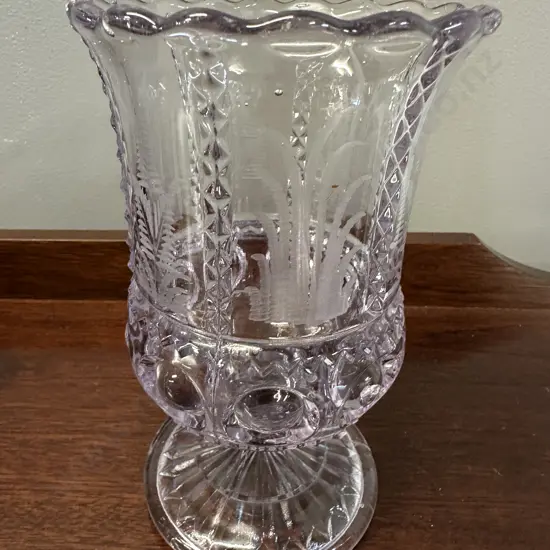 Antique Victorian Sun Purple Pressed-Cut Glass Celery Vase With Engraved Fern Pattern. H18.5cm