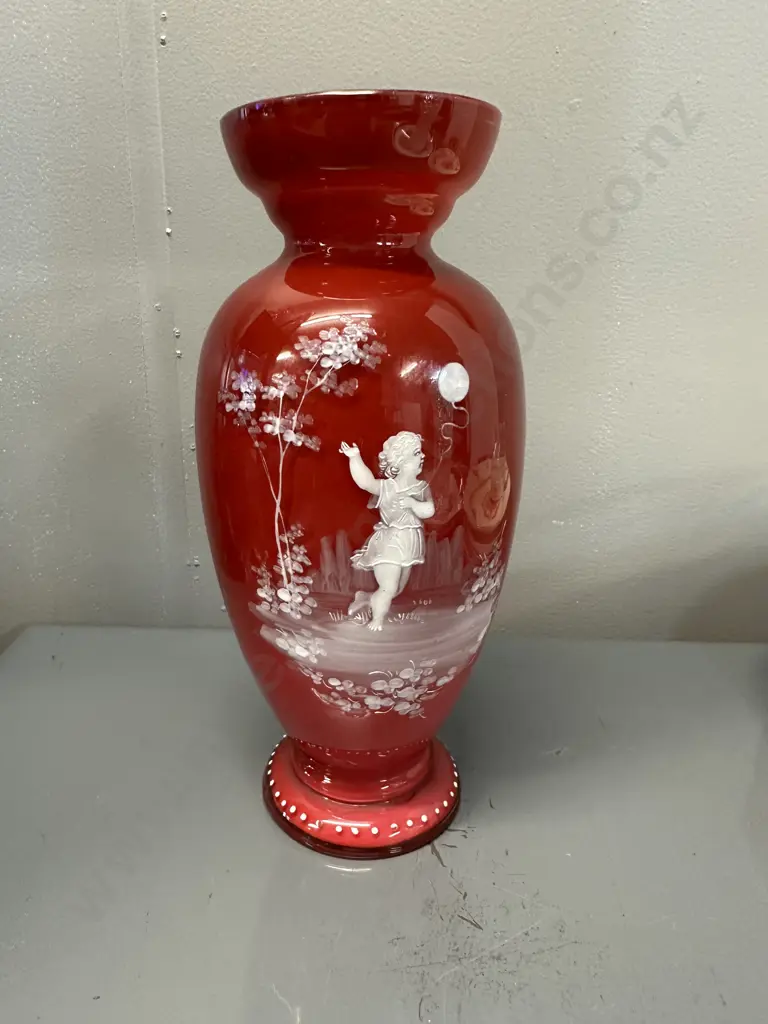 Mary Gregory Style Cranberry Glass Urn - Girl With Balloon, Hand Painted. H22.45cm Image 1++