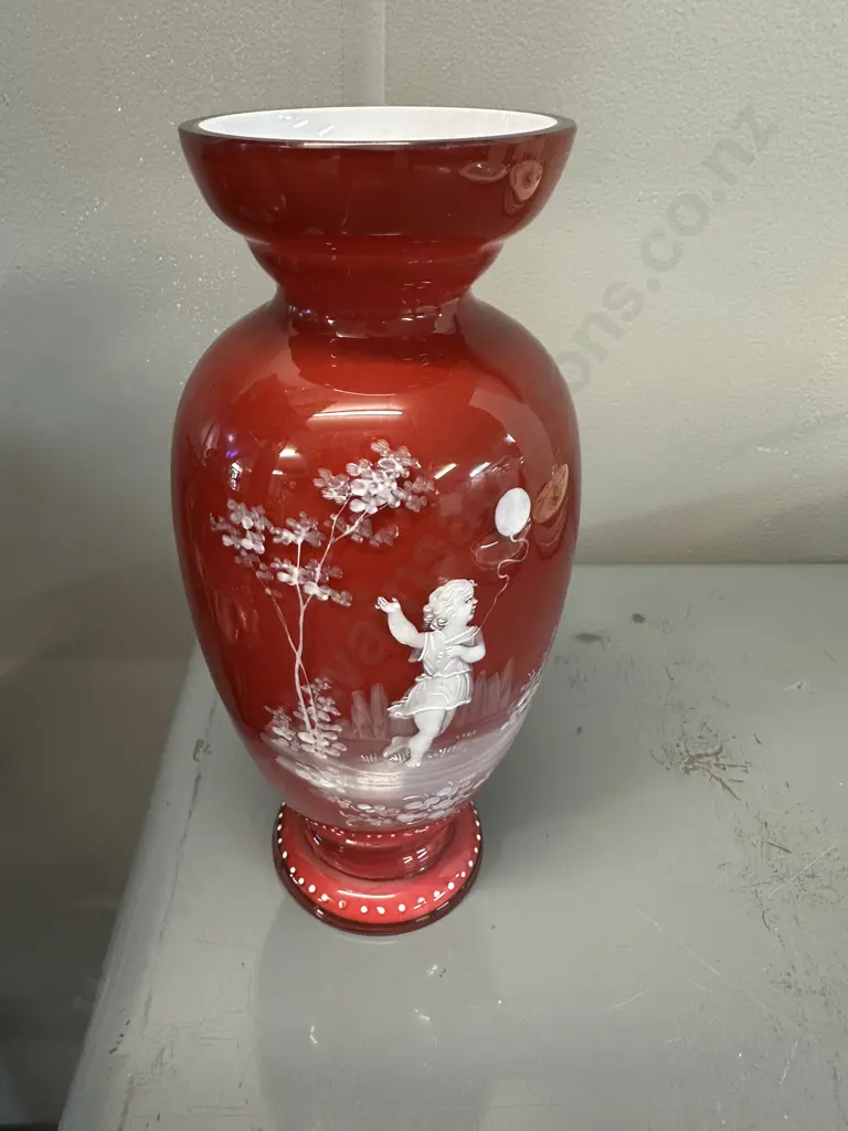 Mary Gregory Style Cranberry Glass Urn - Girl With Balloon, Hand Painted. H22.45cm Image 1++