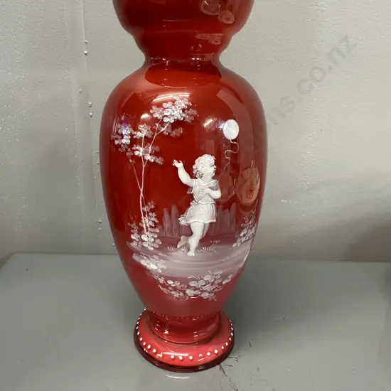 Mary Gregory Style Cranberry Glass Urn - Girl With Balloon, Hand Painted. H22.45cm
