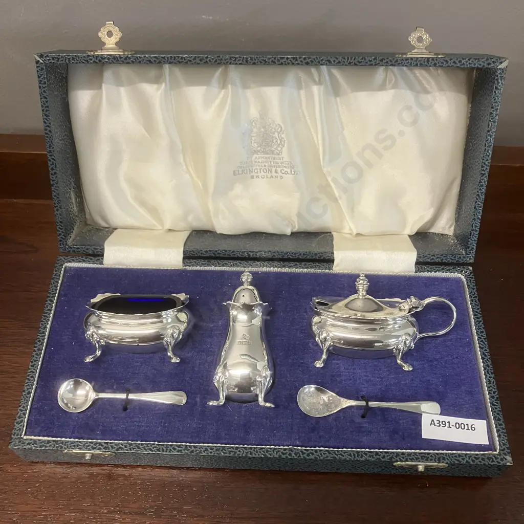 Elkington & Co Ltd England Hallmarked Sterling Silver Cruet Set Within Original Fitted Box Image 1++