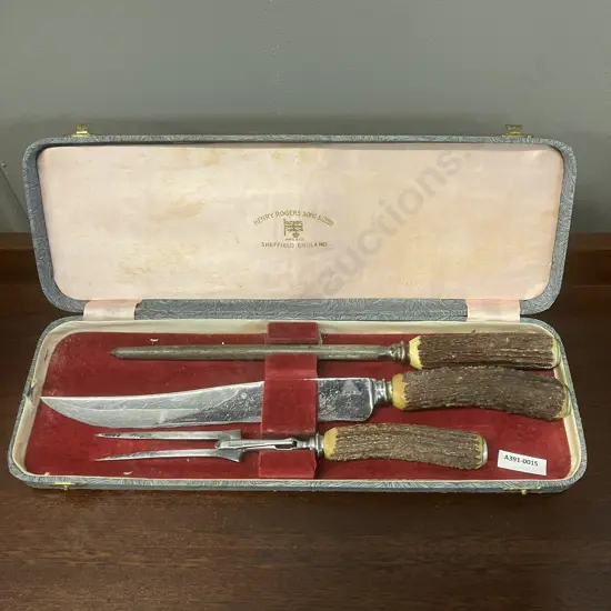 Henry Rogers Sons & Co Sheffield England 3 Piece Carving Set With Stag Antler Handles In Case, Stainless Steel