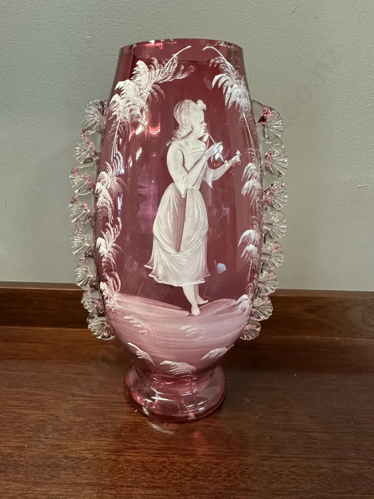 Mary Gregory Cranberry Glass Vase, Hand Painted With Clear Frilled Sides. H25cm (nibbles to rim) Image 1++