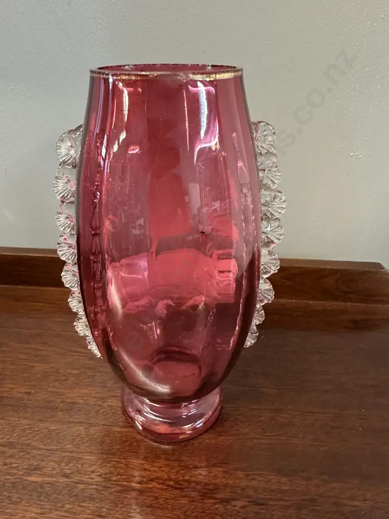 Mary Gregory Cranberry Glass Vase, Hand Painted With Clear Frilled Sides. H25cm (nibbles to rim) Image 1++