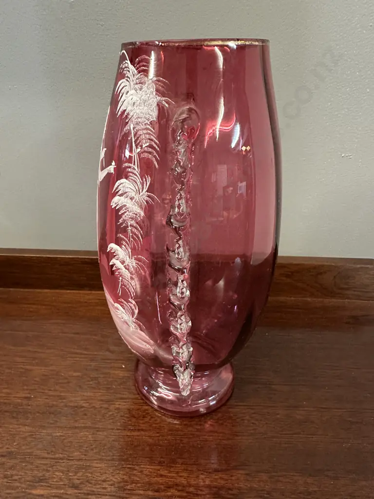 Mary Gregory Cranberry Glass Vase, Hand Painted With Clear Frilled Sides. H25cm (nibbles to rim) Image 1++