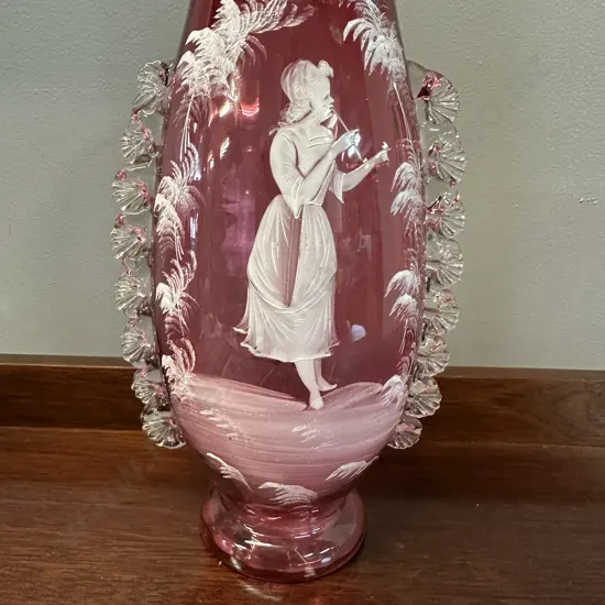 Mary Gregory Cranberry Glass Vase, Hand Painted With Clear Frilled Sides. H25cm (nibbles to rim)