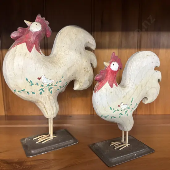 Decorative Russ Hand Painted Chickens On Plinths H19,W24cm.