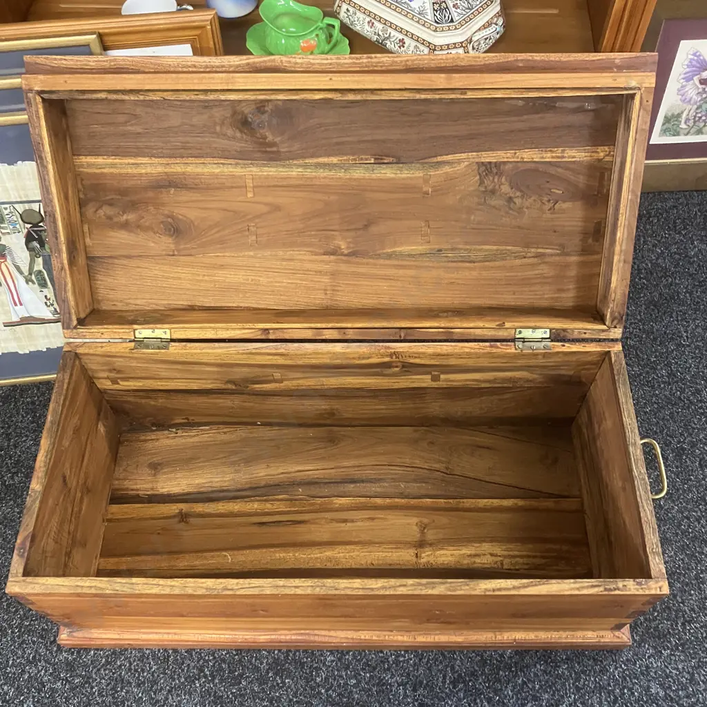 Teak Blanket Box, Dovetailed Construction, Heavy Brass Handles. H35.5 W83.5 D39.5cm Image 1++