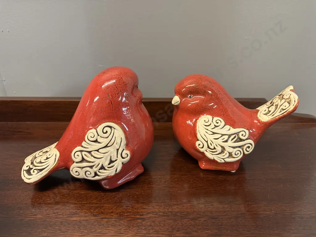 Pair Of Decorative Red Glazed Scroll Birds Image 1++