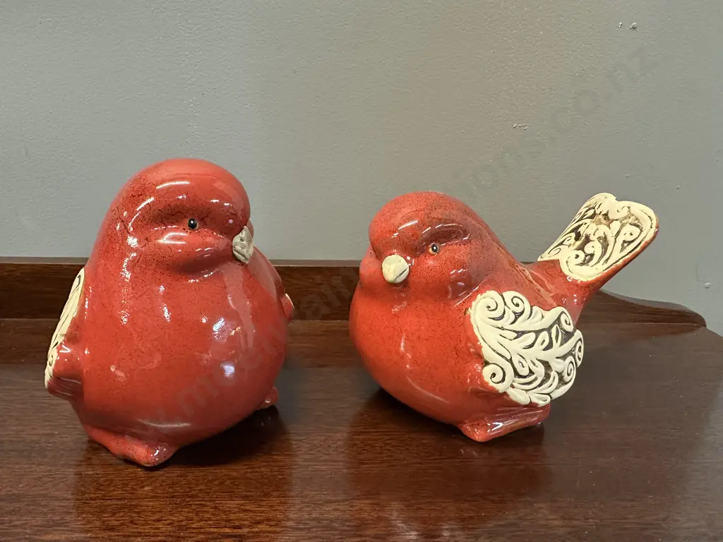 Pair Of Decorative Red Glazed Scroll Birds Image 1++