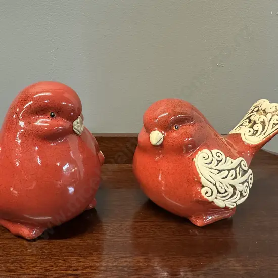 Pair Of Decorative Red Glazed Scroll Birds