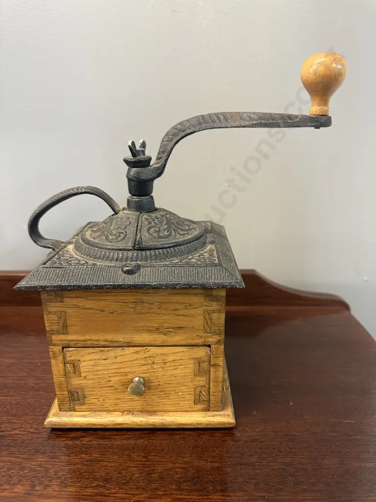 Vintage Manual Coffee Grinder With Cast Iron Mechanism/Wooden Base With Drawer Handcrafted By Myron Robey Image 1++