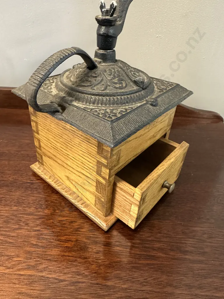 Vintage Manual Coffee Grinder With Cast Iron Mechanism/Wooden Base With Drawer Handcrafted By Myron Robey Image 1++