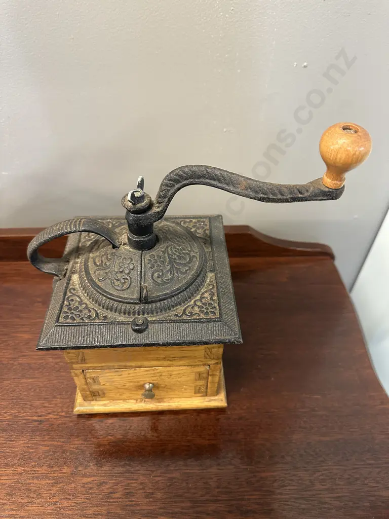 Vintage Manual Coffee Grinder With Cast Iron Mechanism/Wooden Base With Drawer Handcrafted By Myron Robey Image 1++
