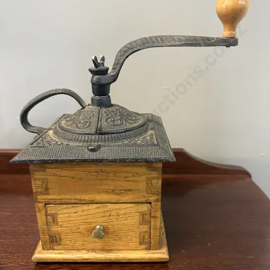 Vintage Manual Coffee Grinder With Cast Iron Mechanism/Wooden Base With Drawer Handcrafted By Myron Robey