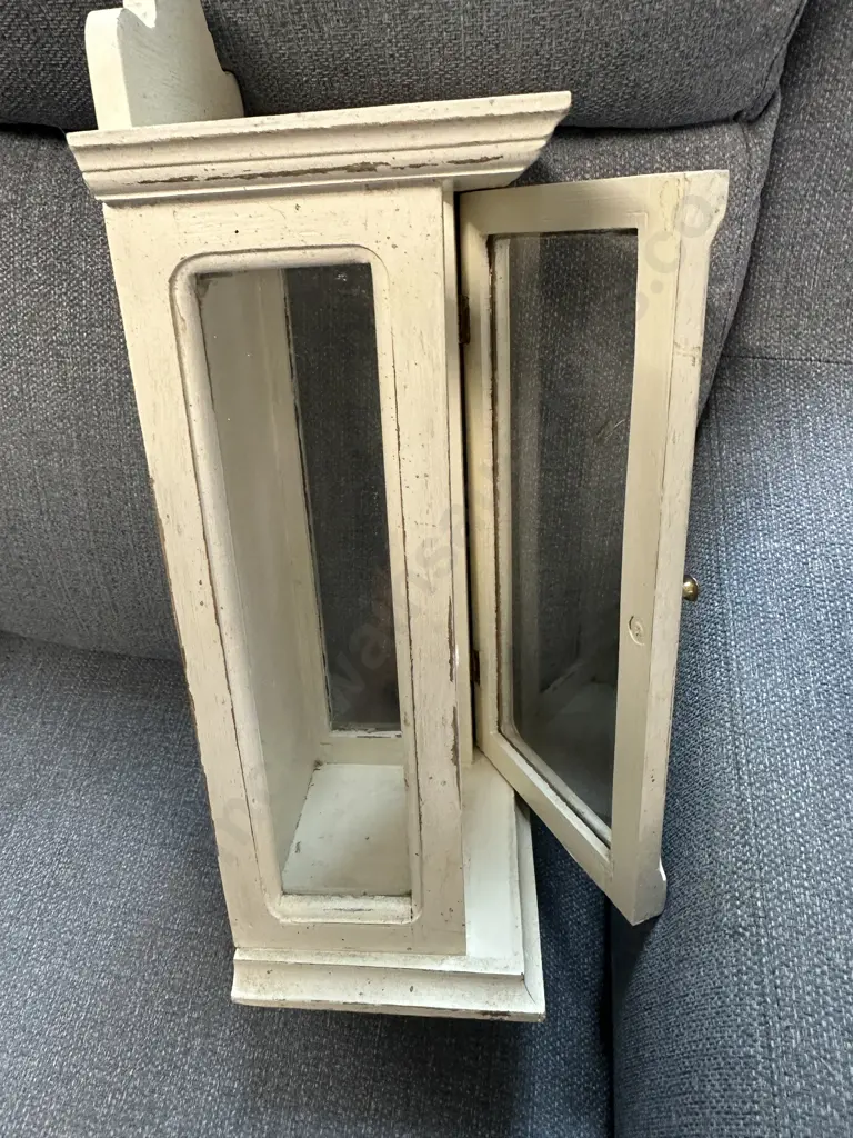 Handcrafted Cream Whitewash Wall Hung Display Cabinet H51cm. Image 1++