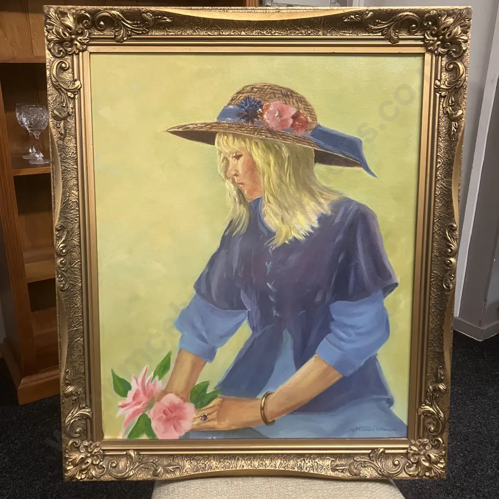 Woman In A Straw Hat Original Artwork Signed Norman Willers, Ornate Gilt Framed. 74 x 63cm Image 1++