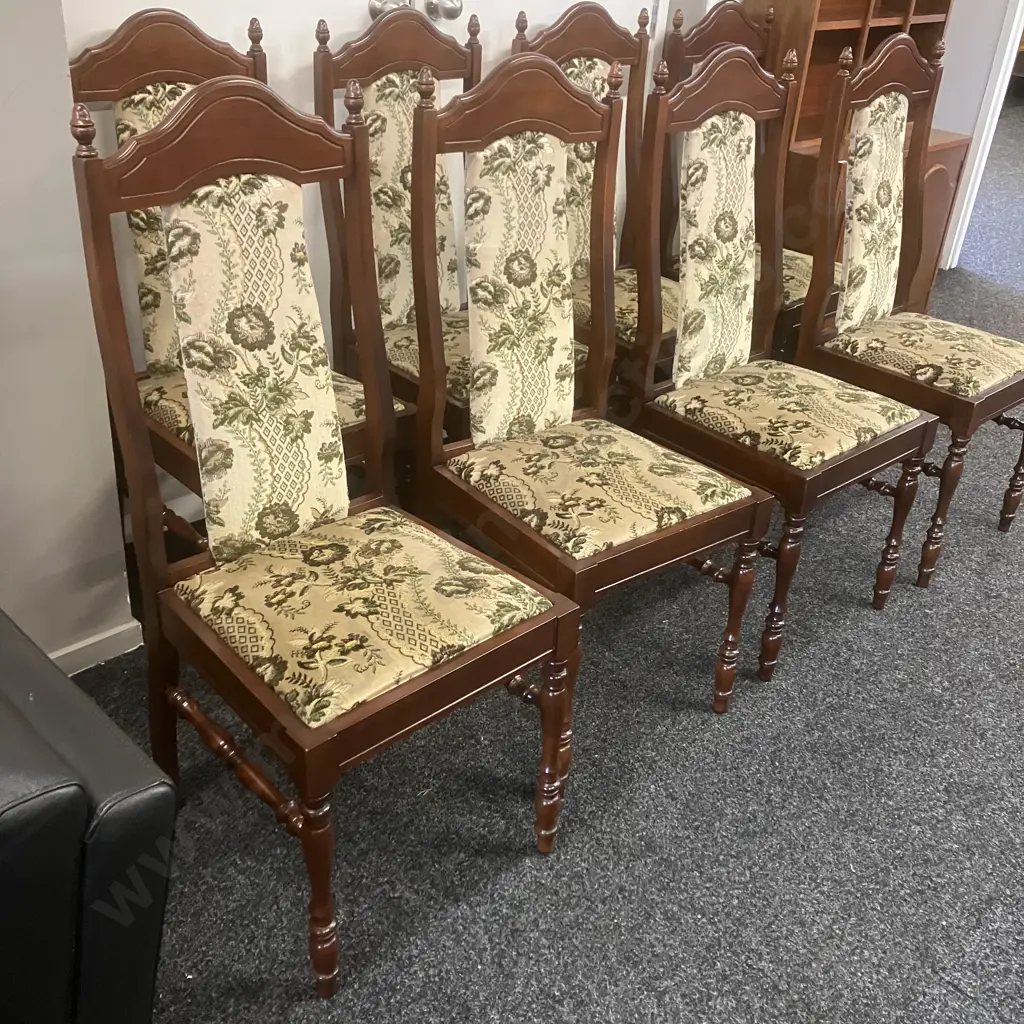 Set of Eight Mahogany Old Charm Style Dining Chairs, Green Toned Fabric Image 1++