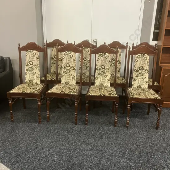 Set of Eight Mahogany Old Charm Style Dining Chairs, Green Toned Fabric