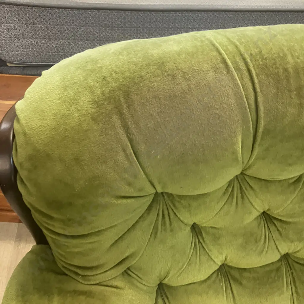 Vintage 2+2 Seater Lounge Suite, Green Draylon Button Back In a Dark Wood Frame Image 1++