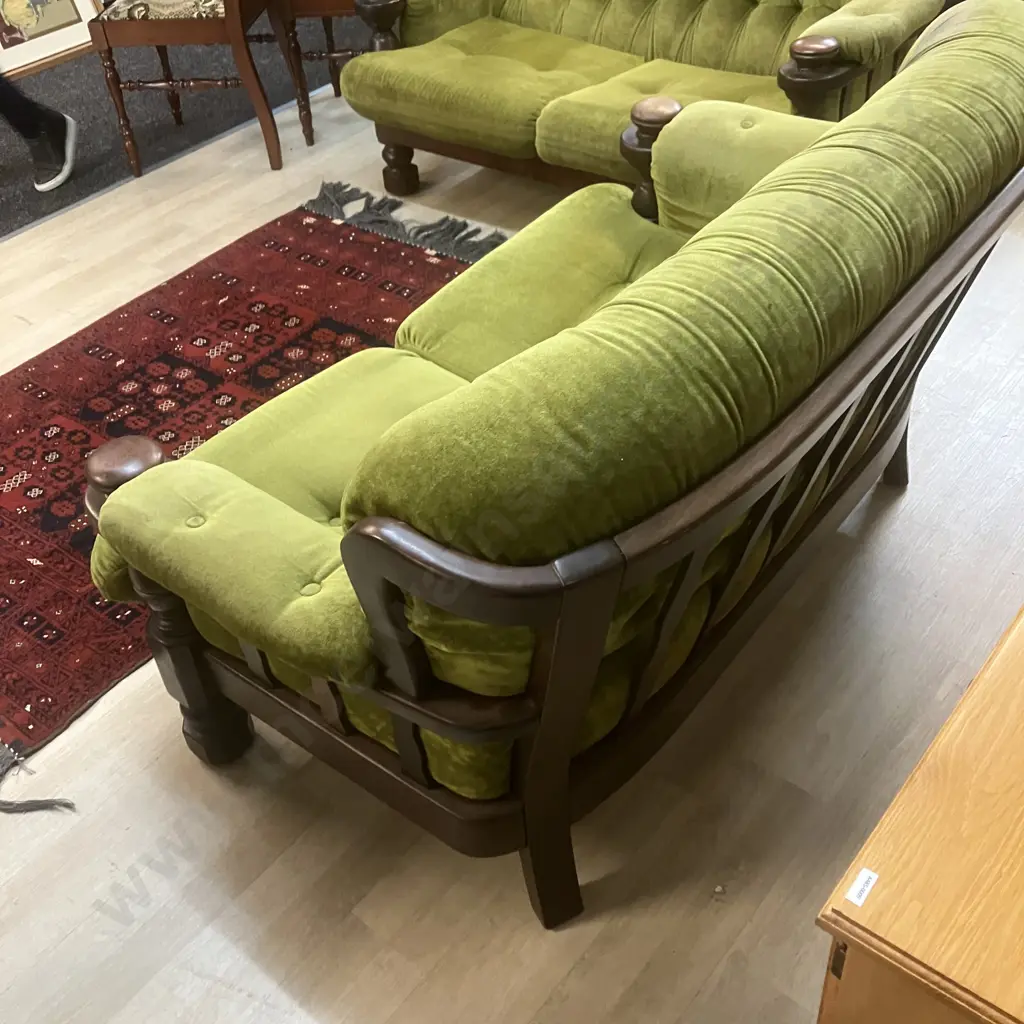 Vintage 2+2 Seater Lounge Suite, Green Draylon Button Back In a Dark Wood Frame Image 1++