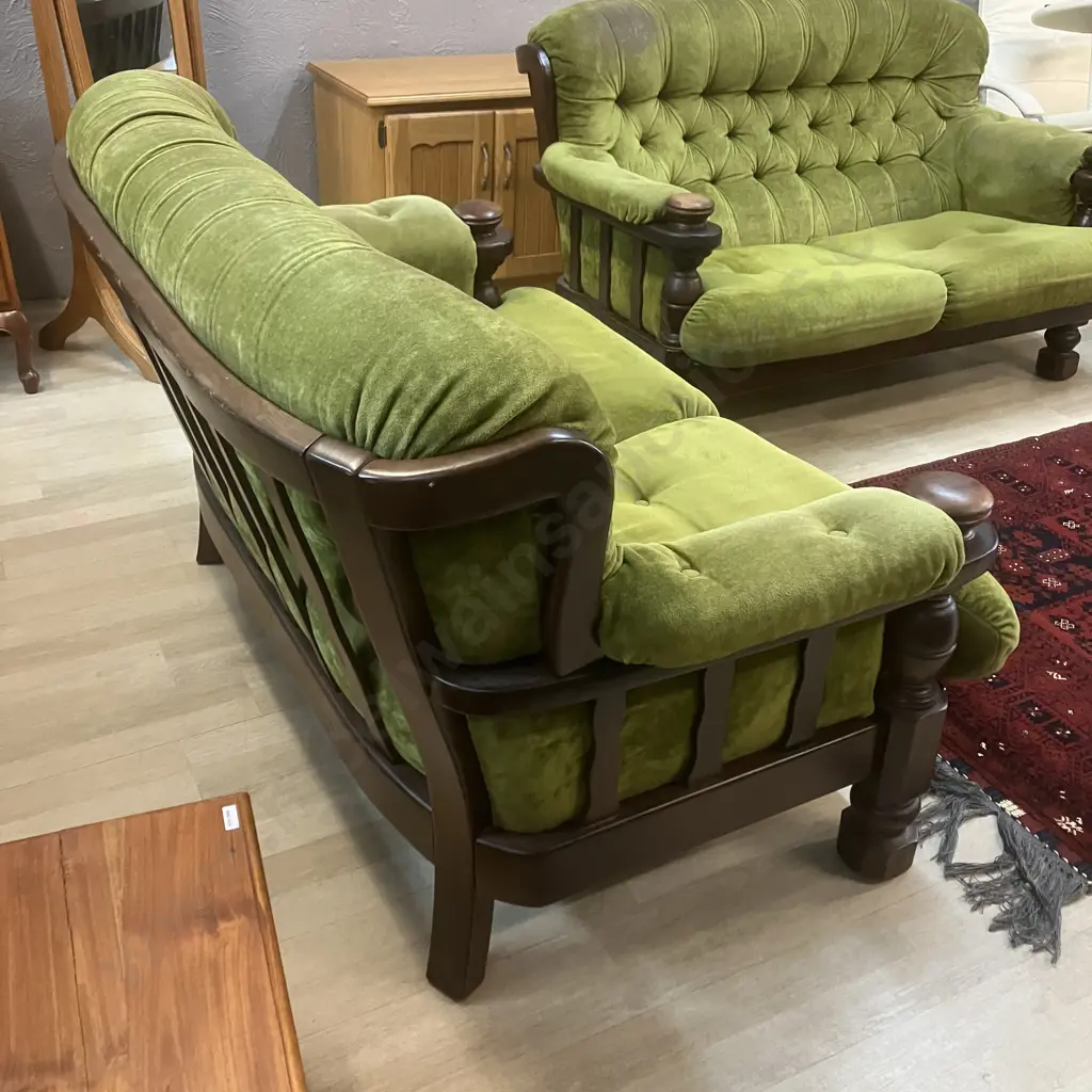 Vintage 2+2 Seater Lounge Suite, Green Draylon Button Back In a Dark Wood Frame Image 1++